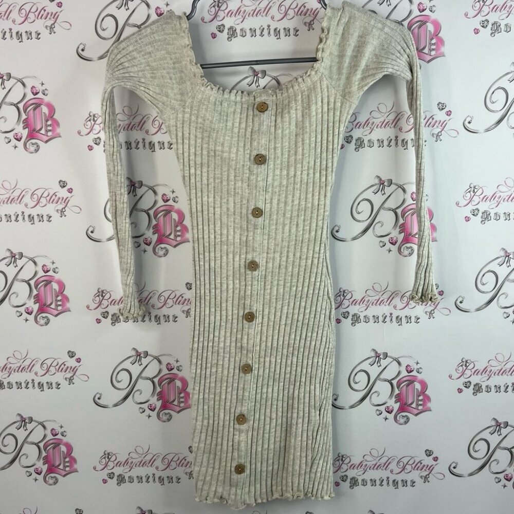 Fashion Nova dress buttons stretchy off shoulder Cream Knit ribbed white